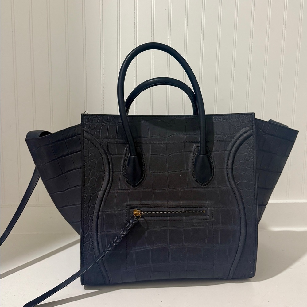 Celine Navy Blue Crocodile Stamped Nubuck Medium Phantom